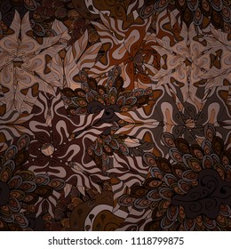 Vector pattern with various cartoon houses. Christmas illustration on orange, beige and neutral colors. Vector illustration.