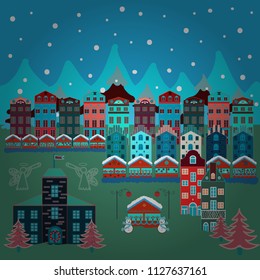Vector pattern with various cartoon houses. Christmas illustration on blue, green and orange colors. Vector illustration.