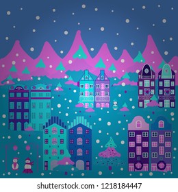 Vector pattern with various cartoon houses. Christmas illustration on blue, pink and violet colors. Vector illustration.
