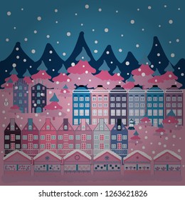 Vector pattern with various cartoon houses. Vector illustration. Christmas illustration on pink, blue and neutral colors.