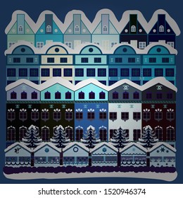 Vector pattern with various cartoon houses. Christmas illustration on white, neutral and blue colors. Vector illustration.