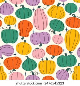 Vector pattern of various vivid colorful hand drawn pumpkins for Halloween, Thanksgiving, harvest, autumn season fabric, packaging, wrapping paper, wallpaper design