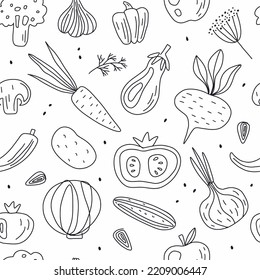 Vector pattern of vegetables drawn with a thin line in the style of doodles.	