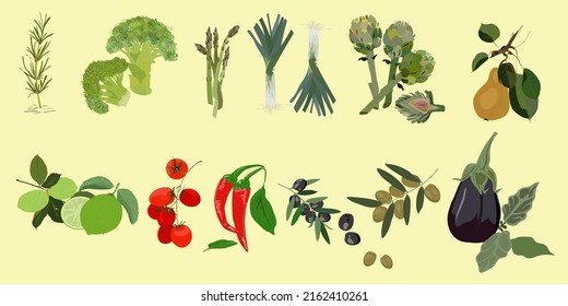  vector pattern with vegetables on a light yelow background. Set of fruits and vegetables.