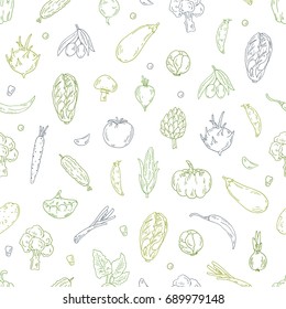 Vector Pattern Of Vegetables On White Background. Illustration in a linear style for the design of posters, banners, postcards, price tags and menus