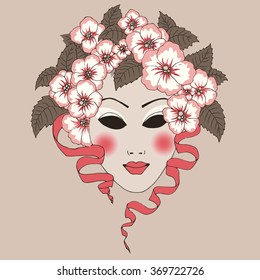 Vector pattern. Venetian carnival mask with flowers. A woman's beautiful face. Stranger.
