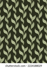 Vector pattern with vertical stripes made of contour foliage on dark green background. Botanical texture with doodle hand drawn leaves. Natural wallpaper and fabric with stems