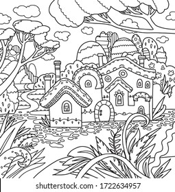 vector pattern village calm cute lined doodle houses  coloring book page black and white background