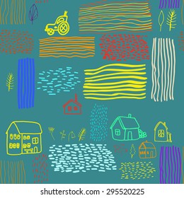 Vector pattern with village life.  Original seamless background. Perfect for wallpaper, wrapping paper, textile, package design.
