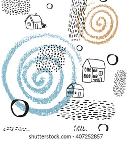 Vector pattern with village life. Original seamless background. Perfect for wallpaper, wrapping paper, textile, package design.