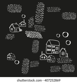Vector pattern with village life. Original seamless background. Perfect for wallpaper, wrapping paper, textile, package design.