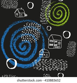 Vector pattern with village life. Original seamless background. Perfect for wallpaper, wrapping paper, textile, package design.