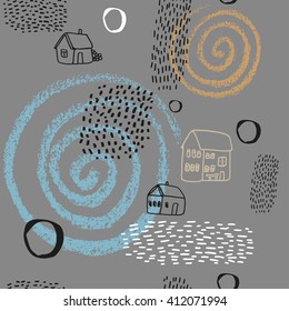 Vector pattern with village life. Original seamless background. Perfect for wallpaper, wrapping paper, textile, package design.