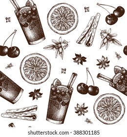 Vector pattern with vintage alcoholic cocktails sketch isolated on white. Ink hand drawn sangria and ingredients background for bar or restaurant menu