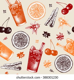 Vector pattern with vintage alcoholic cocktails sketch. Ink hand drawn sangria and ingredients background for bar or restaurant menu