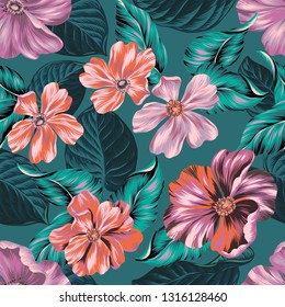 vector pattern. vintage floral design. large orange flowers and elegant leaves. 