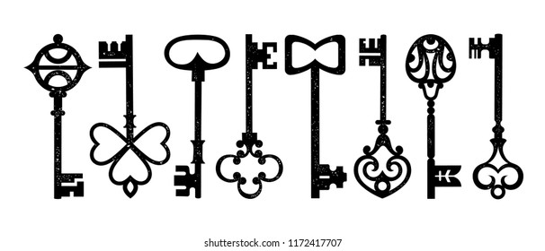 Vector pattern with vintage keys. Black and white image.