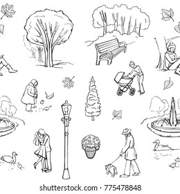 Vector pattern walk in the park, Sketches on a white background
