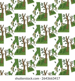 Vector pattern of walking legs in nature, ideal for environmental themes, hiking gear branding, or wellness infographics.