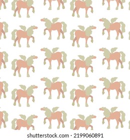 Vector pattern for wallpaper with red draft horses pegasus with small wings and curly mane on a white background
