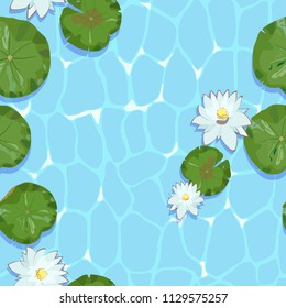 Vector pattern of water and blossoming lotuses among round leaves, top view.