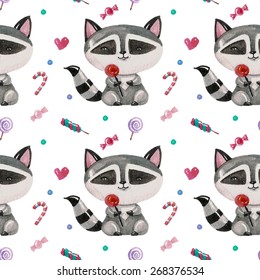 Vector pattern with  watercolor  baby raccoon and sweets . Lovely cute coon pattern. Kids illustration.