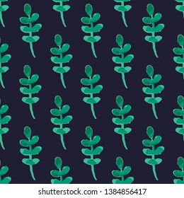 Vector pattern of watercolor green leaves on dark blue background