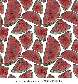 Vector pattern watercolor juicy watermelon slices,watermelon watercolor vector,red watermelon pattern