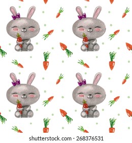 Vector pattern with  watercolor  little bunny and carrots. Lovely cute rabbit pattern. Kids illustration.