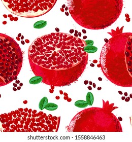 Vector pattern of watercolor pomegranate fruits, hand drawn in 1950s or 1960s style. Concept for farmers market, organic food, natural product design, herbal tea. Vintage textile print for home decor