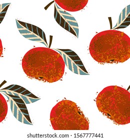 Vector pattern of watercolor red apple, hand drawn in 1950s or 1960s style. Concept for farmers market, organic food, natural product design, herbal tea, etc. Vintage textile print for home decor