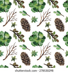 Vector pattern in watercolor style with natural elements. Background with succulents, branches and other natural elements