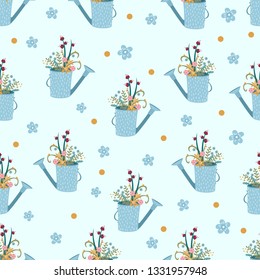 vector pattern with watering cans with flowers