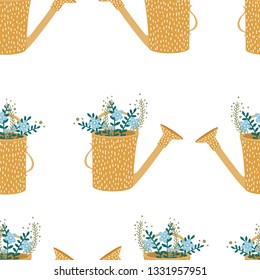 vector pattern with watering cans with flowers