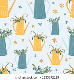 vector pattern with watering cans with flowers
