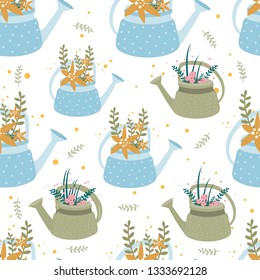 vector pattern with watering cans with flowers
