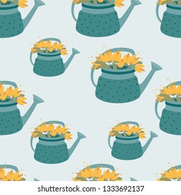 vector pattern with watering cans with flowers
