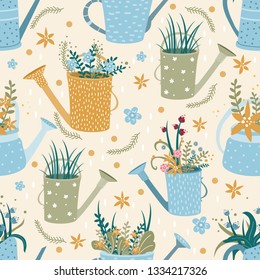 vector pattern with watering cans with flowers