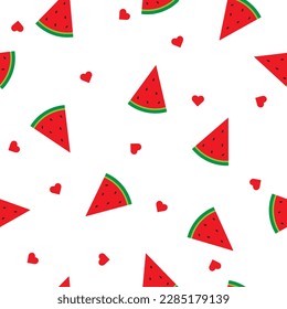 Vector pattern with watermelon slices and hearts. Background with watermelons for wrapping paper, fabric.