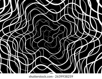 Vector pattern of wavy white lines on a black background. Modern design element. Vector digital background for covers, advertising, packaging. Abstract roots