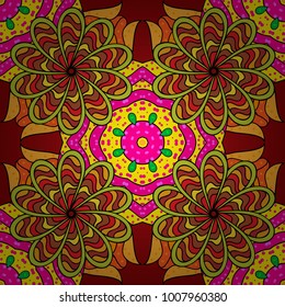 Vector pattern for wedding card illustration. Vintage decorative element on a yellow, red and black colors. Invitation with colored mandala.