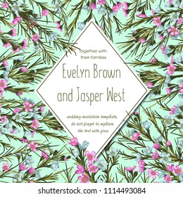Vector pattern for wedding invitation, greeting card, flyer, certificate, menu, labels with pink and blue wax flowers on a turquoise background with a diamond-shaped frame for text. country style
