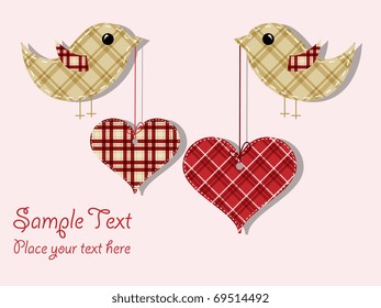 Vector pattern for wedding invitation with textile hearts and birds