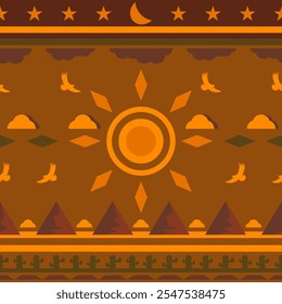 Padrão vetorial do conceito Western Americana, padrão de arte gráfica com cor plana. Padrão contínuo com águias, montanhas, sol, paisagem nublada, cactos e estrelas. A cor do tom é laranja e marrom.