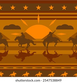 Padrão vetorial do cowboy americano ocidental, padrão de arte gráfica com cor plana. Padrão contínuo com águias, montanhas, sol, paisagem nublada, balas e estrelas. A cor do tom é laranja e marrom.