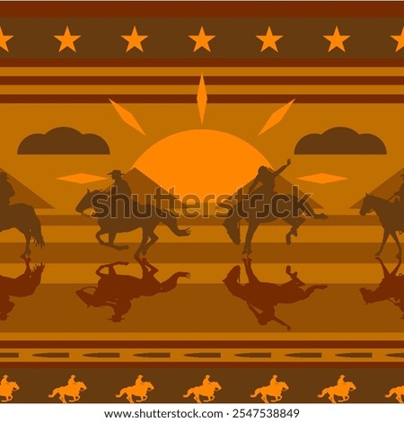 Vector pattern of Western Americana cowboy, graphic art pattern with flat color. Seamless pattern with eagles, mountains, the sun, cloudscape, bullets, and stars. The tone color is orange and brown.