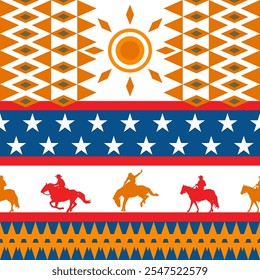 Padrão vetorial de Western Americana, padrão de arte gráfica com cor plana. Padrão perfeito com caubóis, o sol e estrelas. As cores dos tons são laranja, branco, azul e marrom.