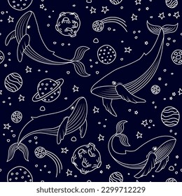 Vector pattern with whales in open space. Pattern with whales, stars and planets.