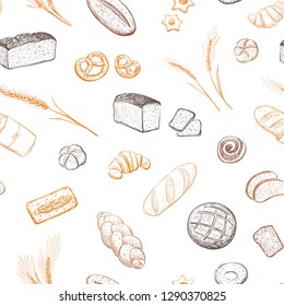 Vector pattern with wheat spikelets and different varieties of bread. Hand drawings on white background