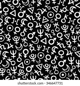 Vector pattern with white astrological symbols of planets and elements on black background. Seamless pattern can be used for wallpaper, pattern fills, web page background,surface textures.